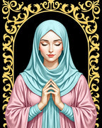 Serene Praying Woman Teal Pink Gold Arch Rug