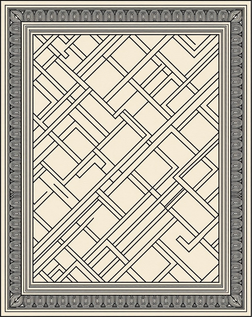 Cream Black Geometric Deco Inlay Rug