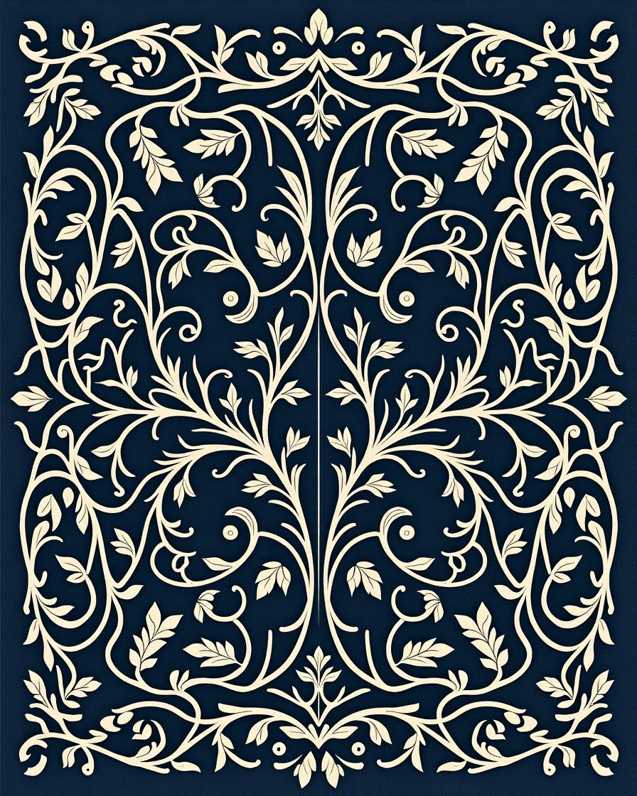 Ivory Vine Symmetry On Navy Canvas Rug