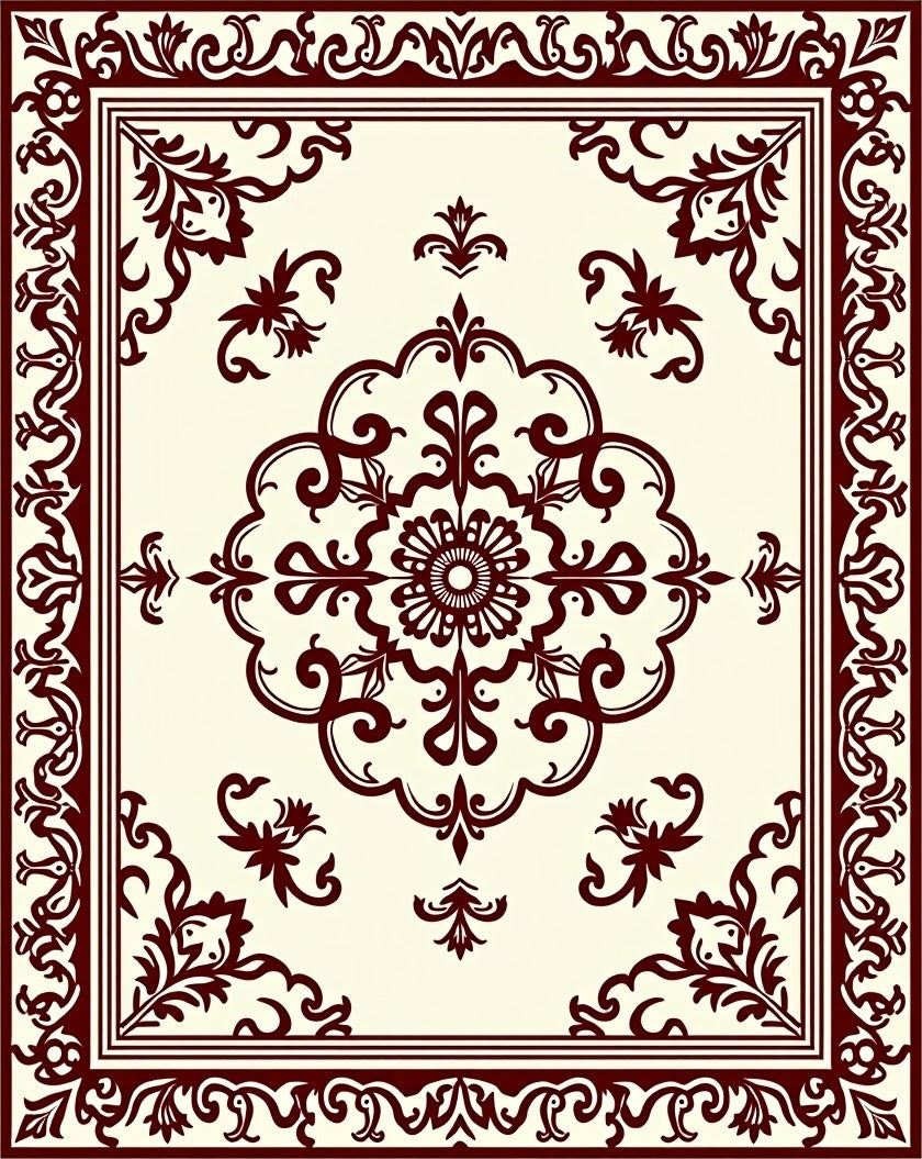 Deep Red Damask Medallion Border Rug
