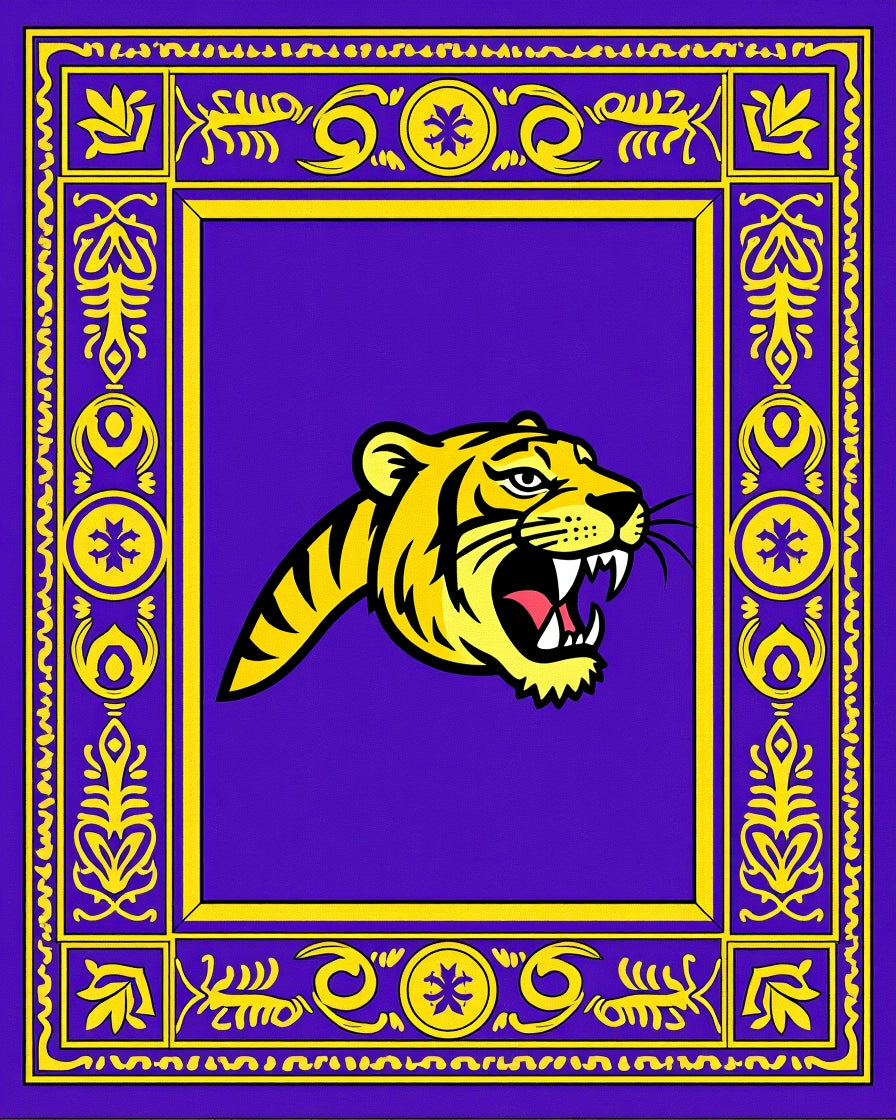 Bold Tiger Head Purple Yellow Border Rug