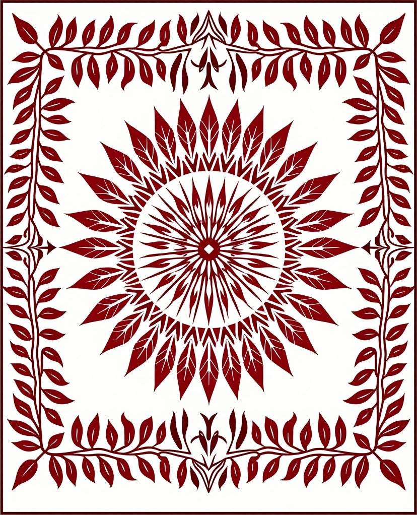 Crimson Sunburst Leaf Vine Rug