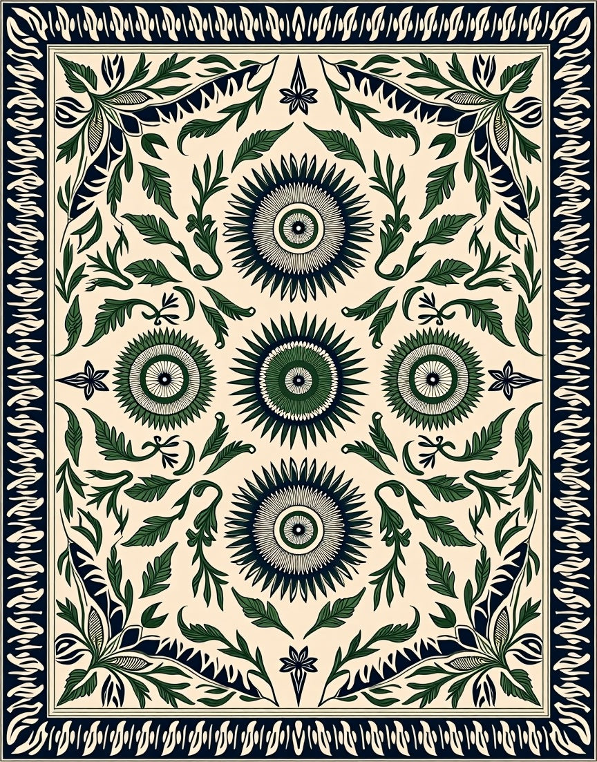 Classic Green Floral Sunburst Border Rug