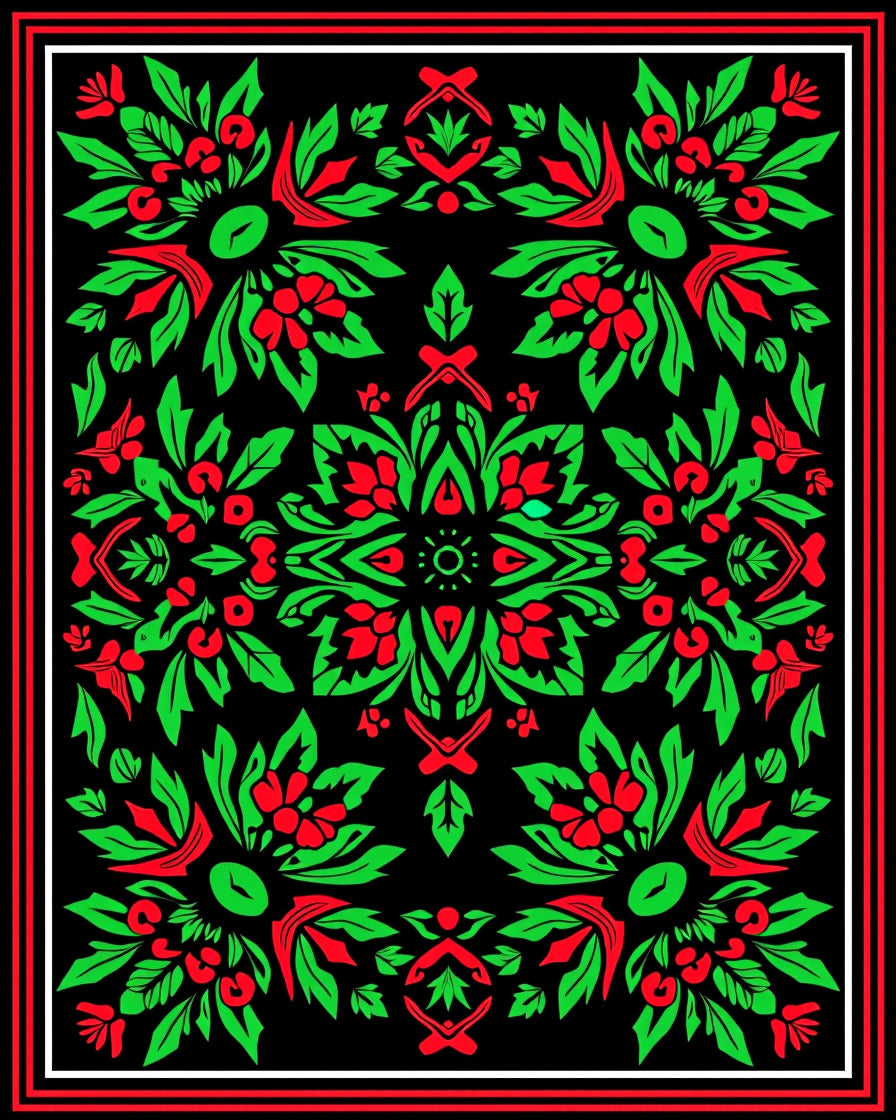 Ornate Red Green Floral Symmetry Rug