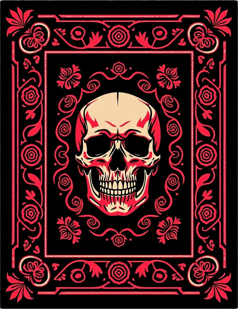 Crimson Skull Floral Ornate Frame Rug