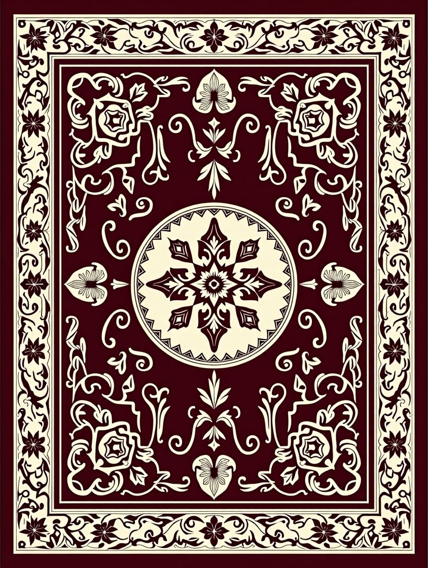 Deep Burgundy Ivory Floral Medallion Rug