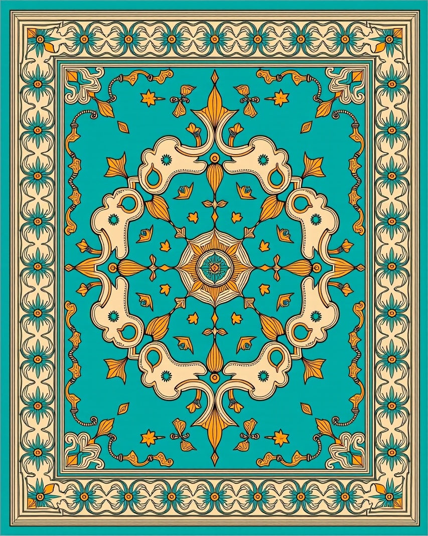 Turquoise Cream Golden Floral Medallion Rug