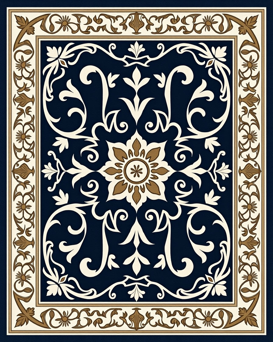 Navy Blue Floral Medallion Traditional Rug