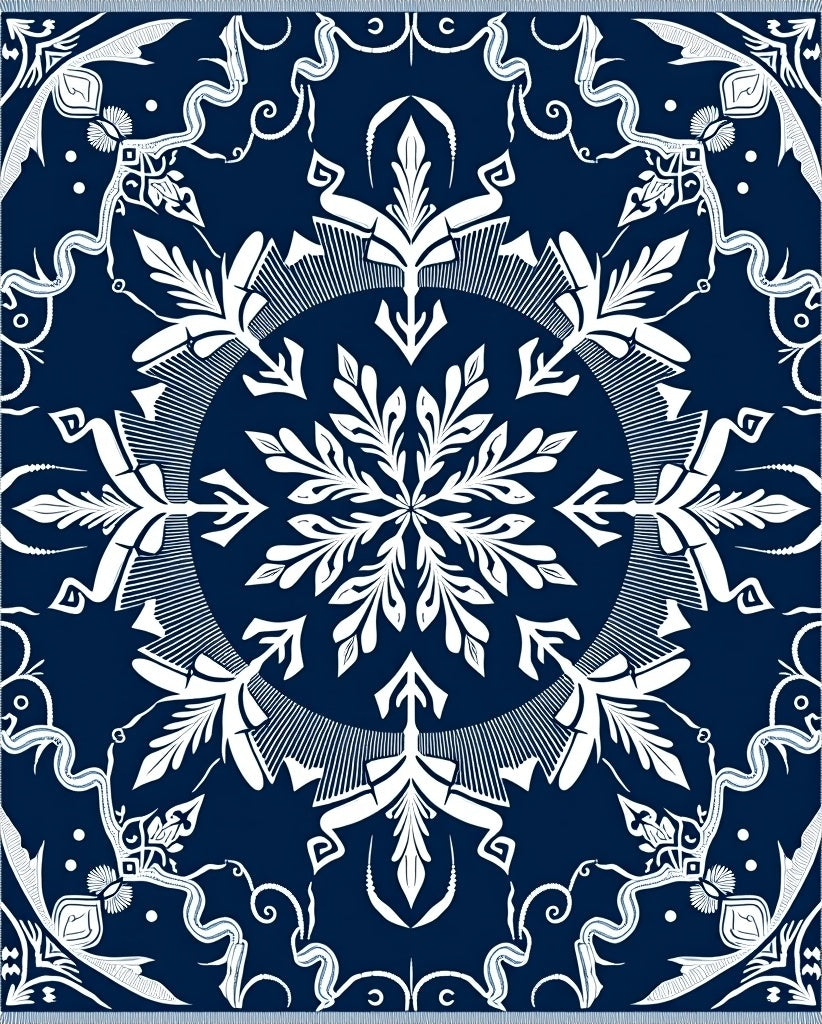 Deep Blue White Snowflake Mandalas Rug