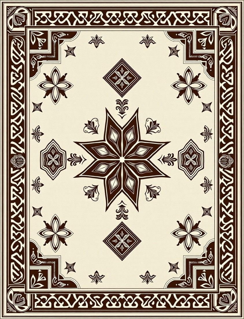 Ornate Brown Star and Floral Border Rug