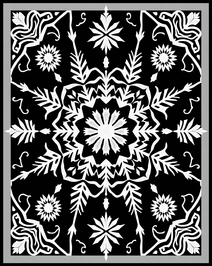 Black White Intricate Floral Medallion Rug