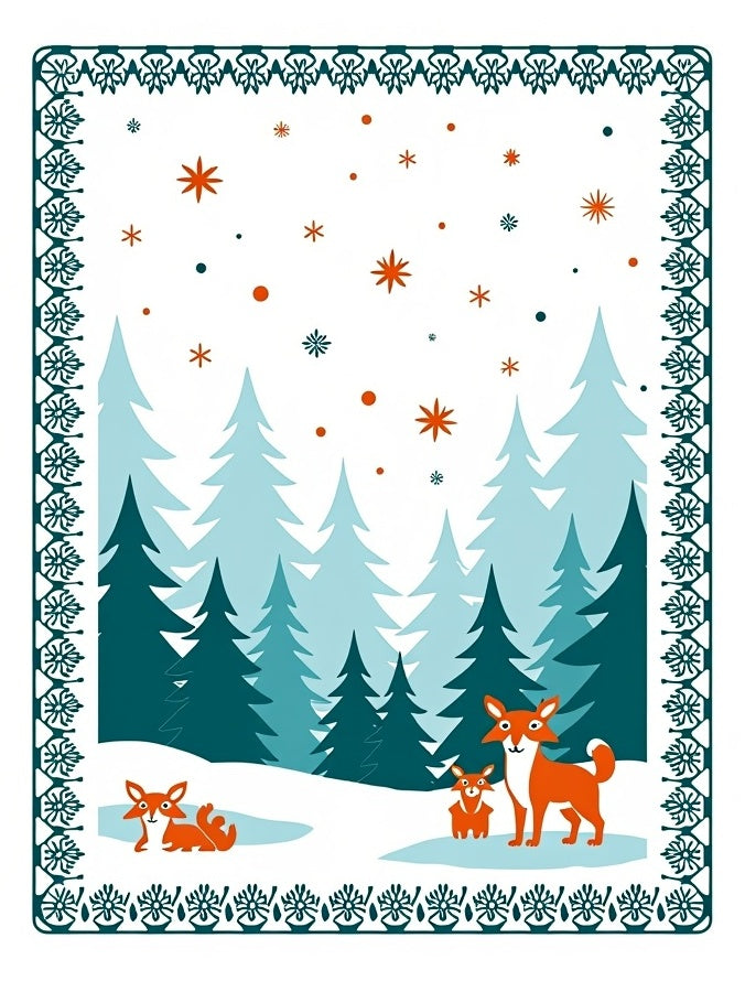 Whimsical Fox Family Winter Forest Rug