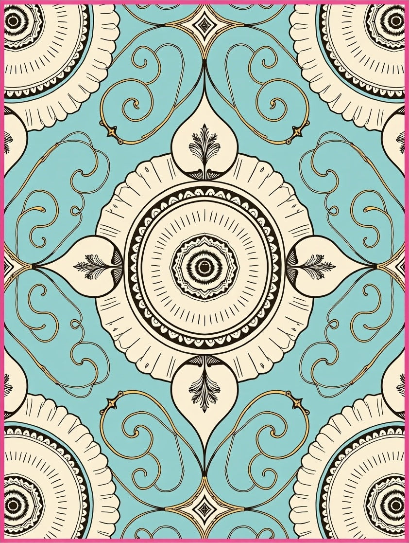 Aqua Cream Black Medallion Swirl Rug