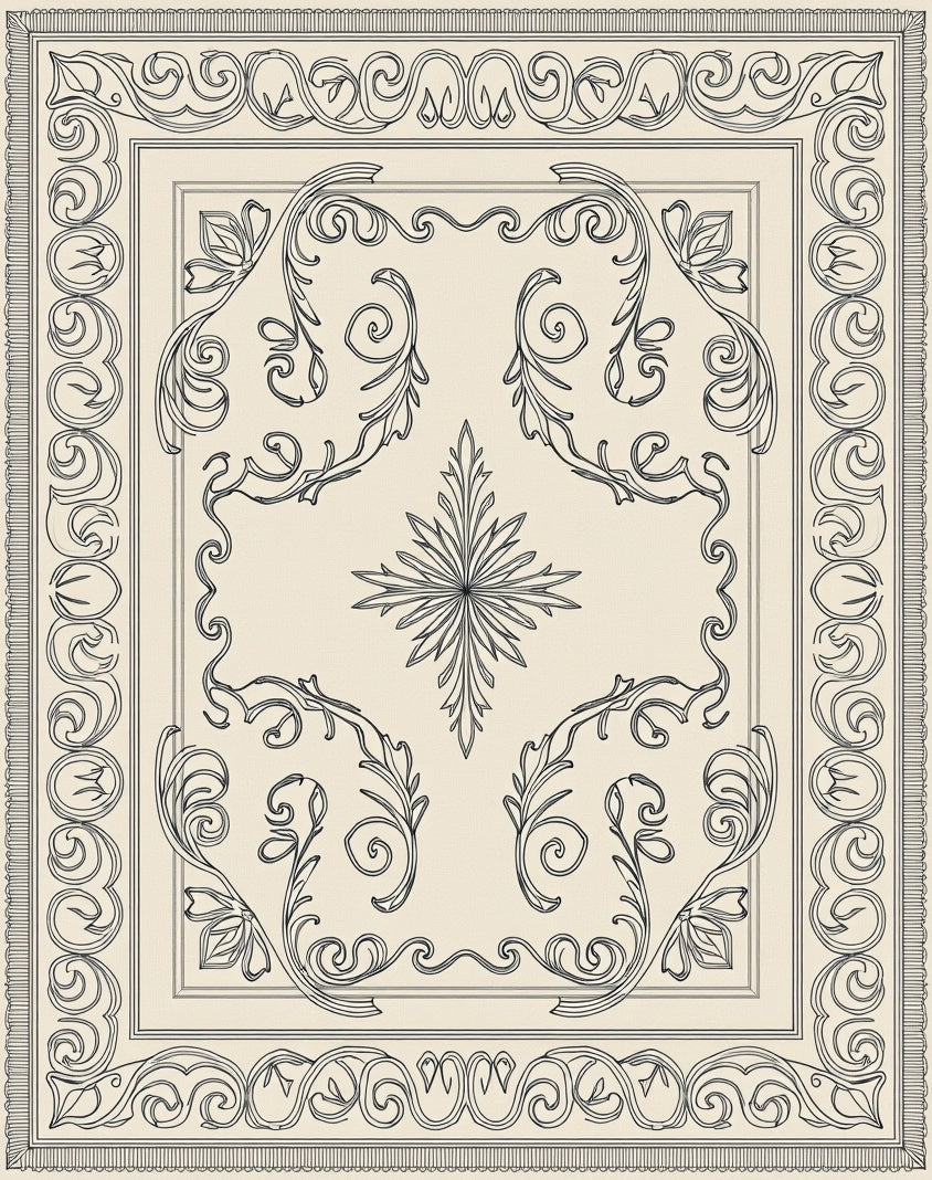 Cream Black Filigree Scrollwork Medallion Rug