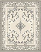 Cream Black Filigree Scrollwork Medallion Rug