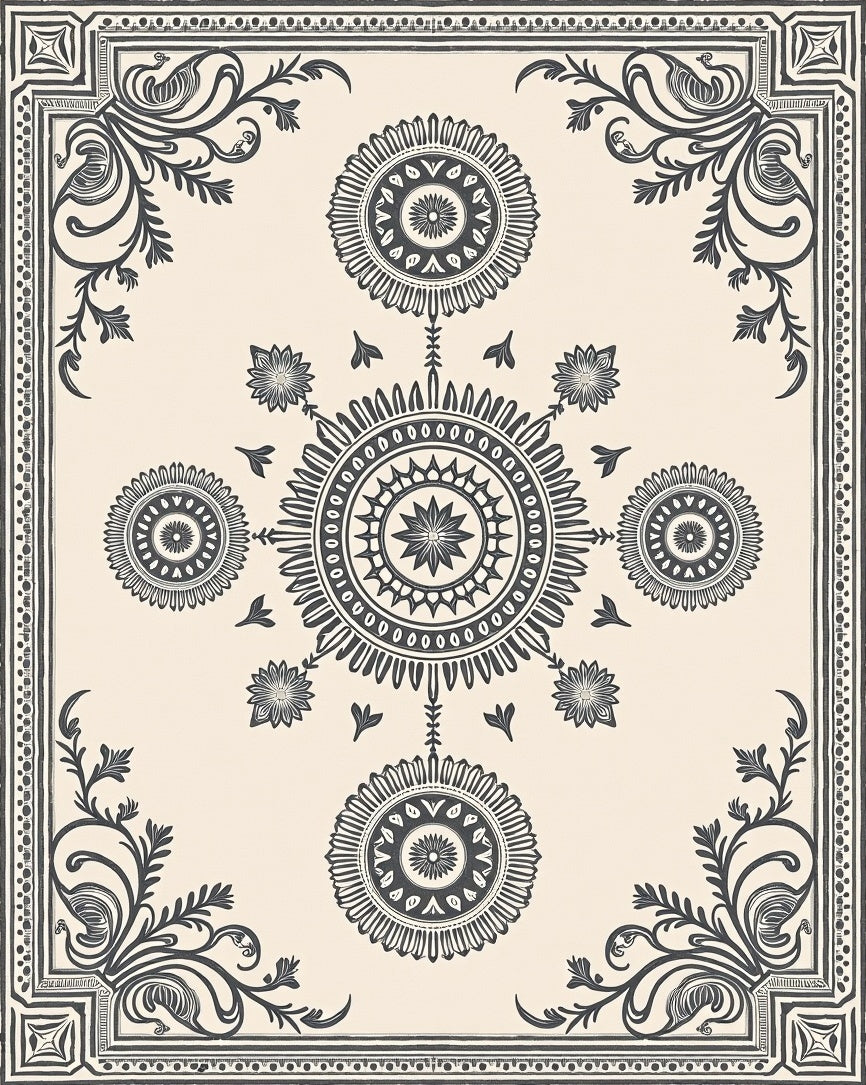 Cream and Charcoal Floral Mandala Arrangement Rug