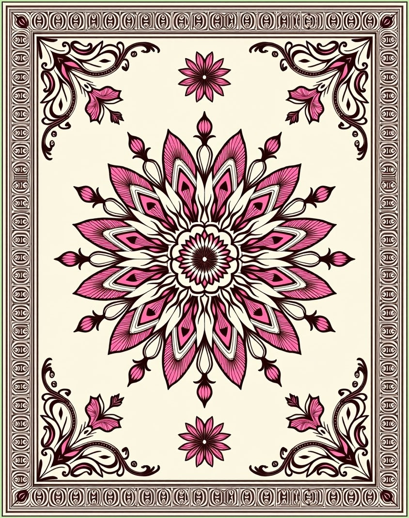 Pink Floral Medallion Bordered Rug