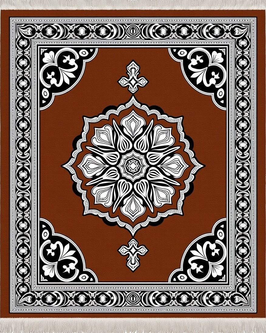 Ornate Brown Floral Medallion Border Rug