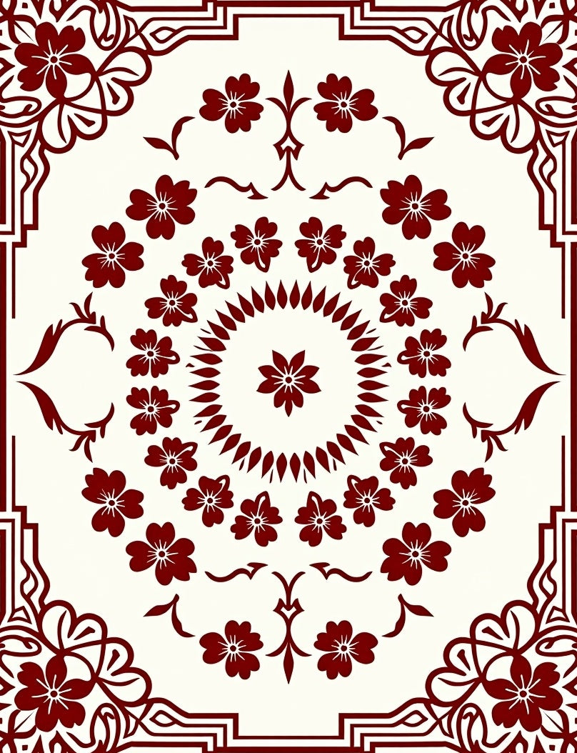 Deep Red Floral Medallion Frame Rug