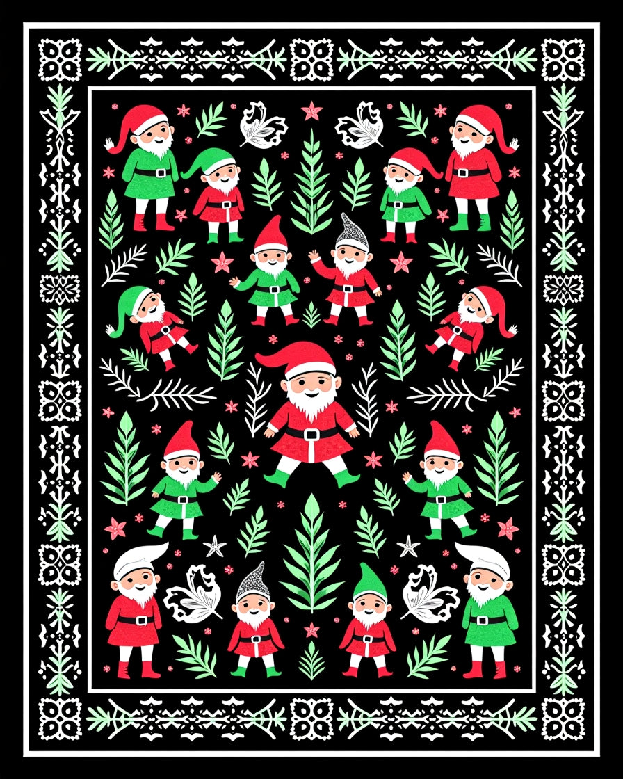 Festive Gnome Friends Green Red Border Rug