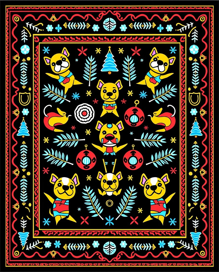 Whimsical Yellow Dog Forest Holiday Rug