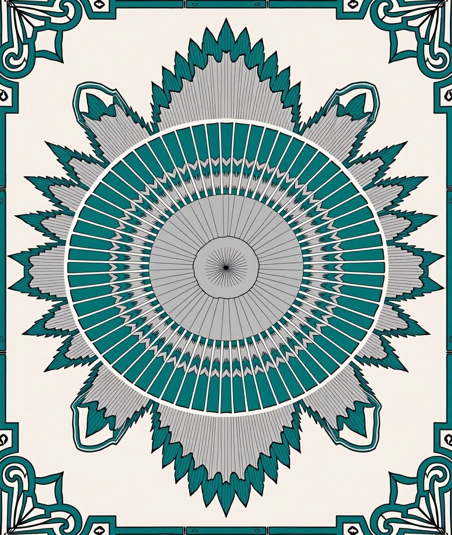 Teal Gray Sunburst Medallion Frame Rug