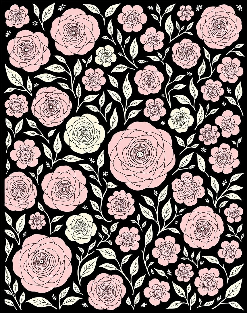 Pink White Rose Garden Black Rug