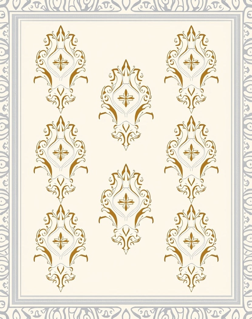 Ornate Golden Damask Scrollwork Rug