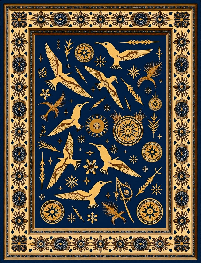 Deep Blue Golden Seagulls Nautical Border Rug