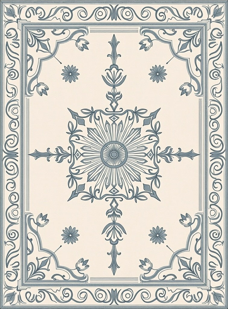 Cream Teal Floral Sunburst Medallion Rug