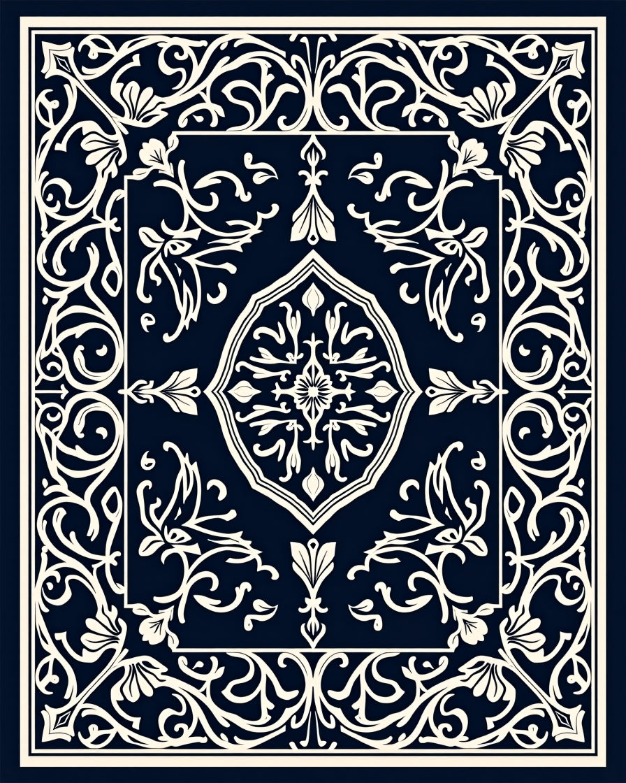 Elegant Navy Arabesque Scroll Medallion Rug