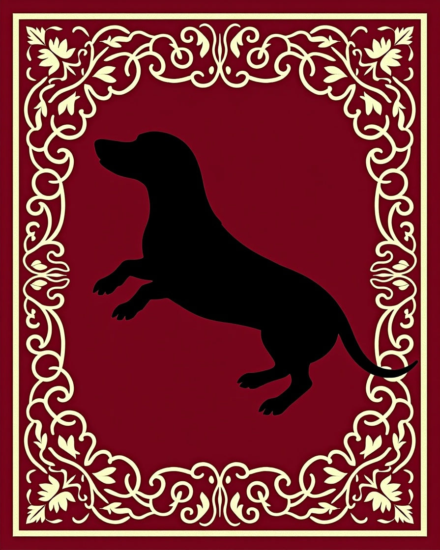 Crimson Floral Border Dog Silhouette Rug