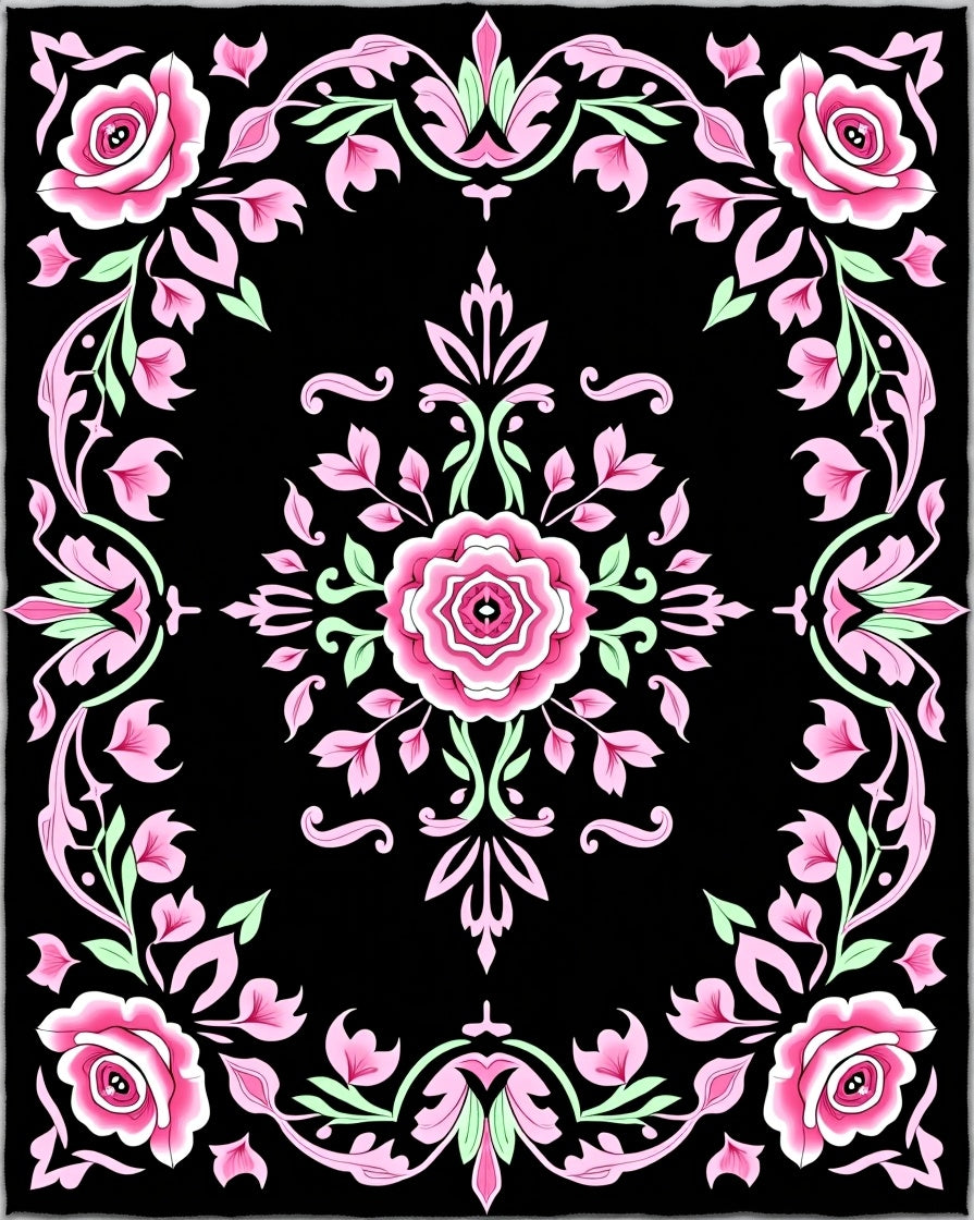 Pink Rose Garden Black Backdrop Rug