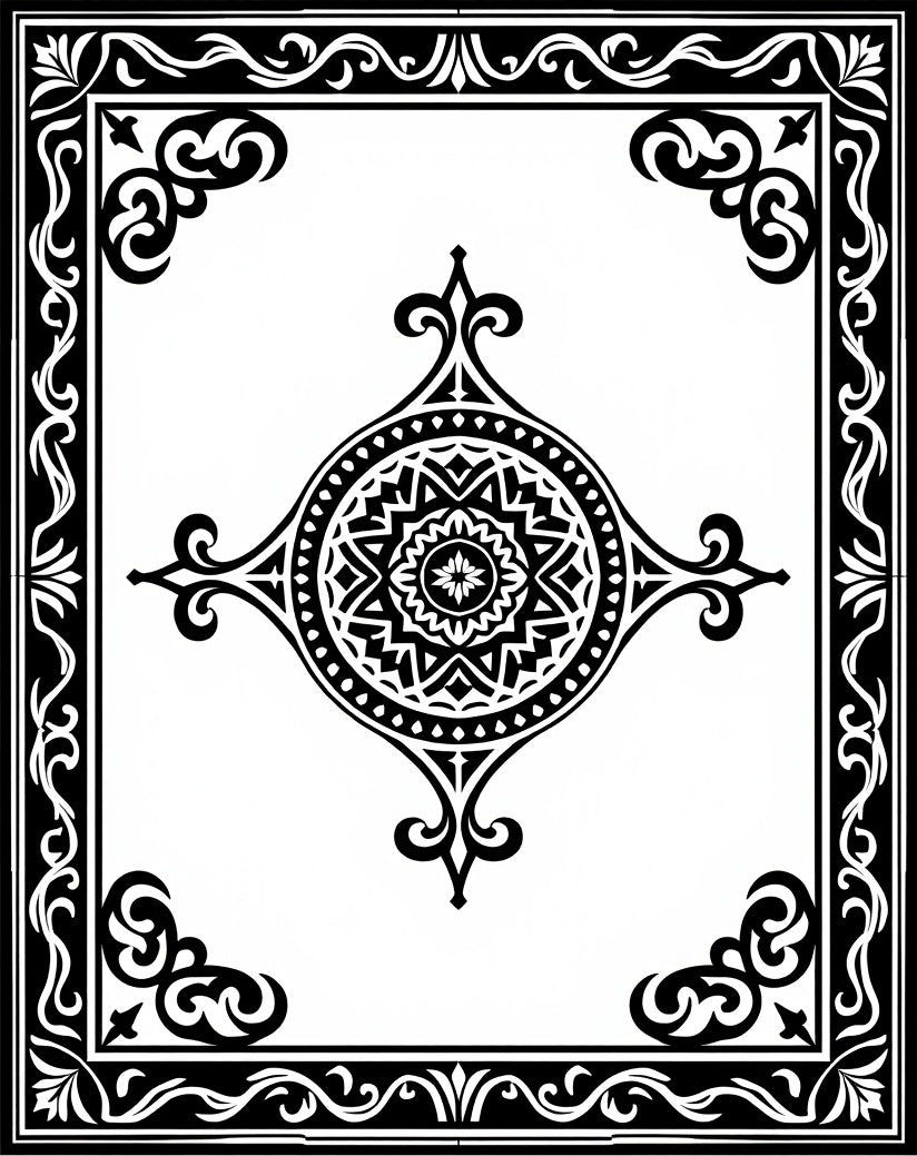Black White Medallion Corner Border Rug