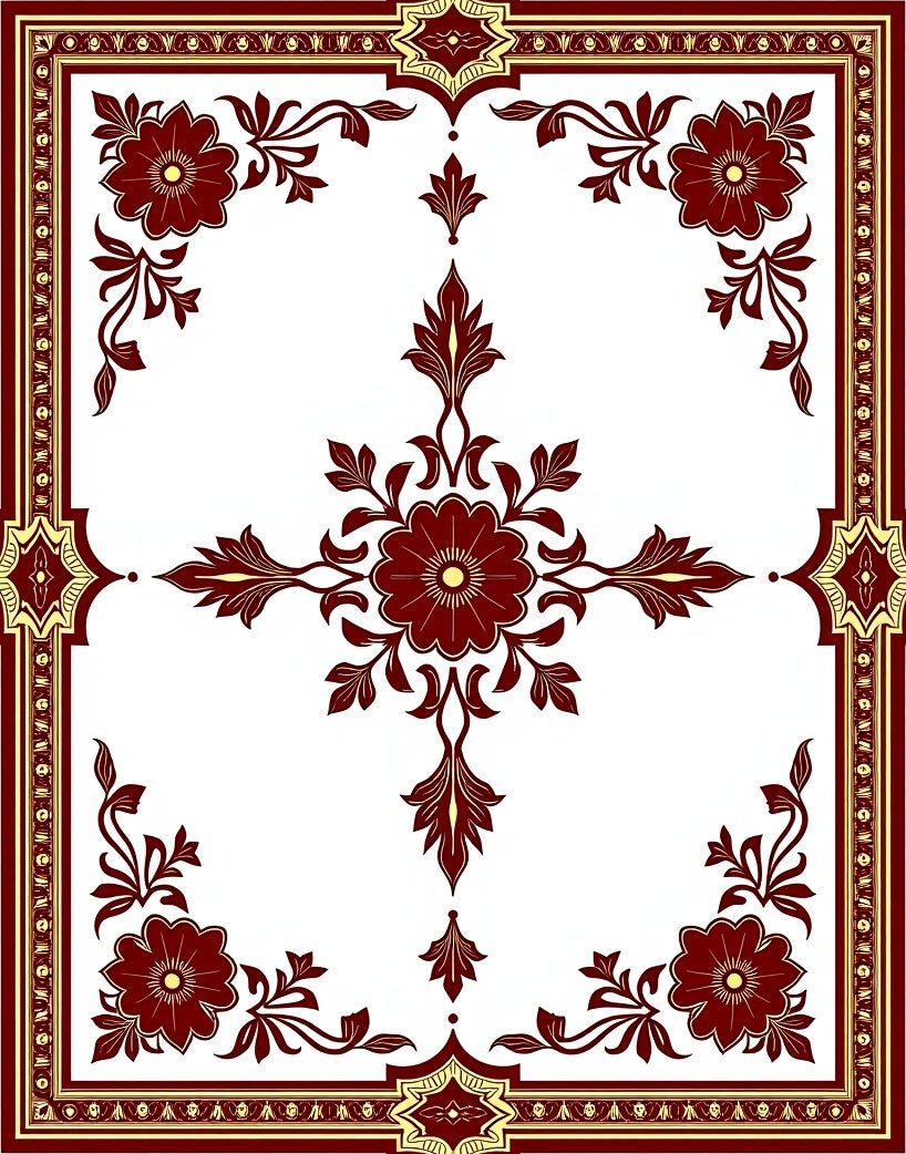 Crimson Blossom Corner Scrollery Border Rug
