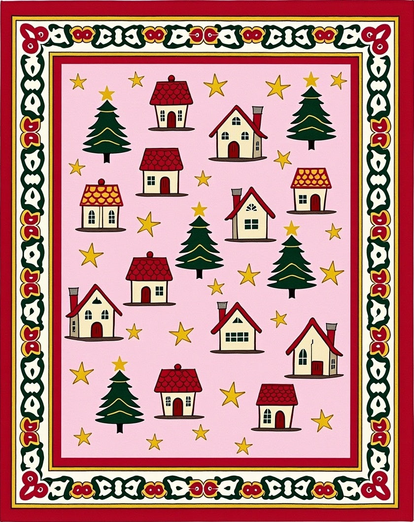 Pink Christmas Village Stars Houses Rug
