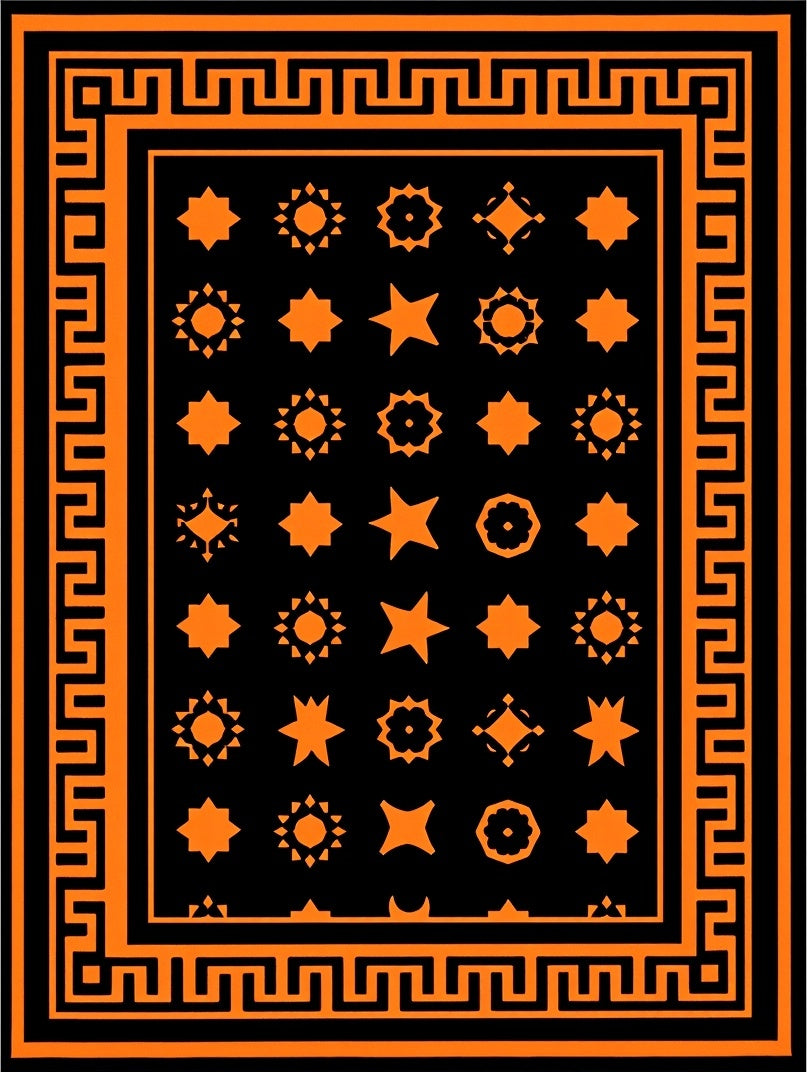 Black Orange Geometric Bordered Medallions Rug