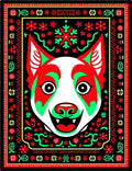 Vibrant Red Green Dog Folk Art Rug