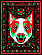 Vibrant Red Green Dog Folk Art Rug