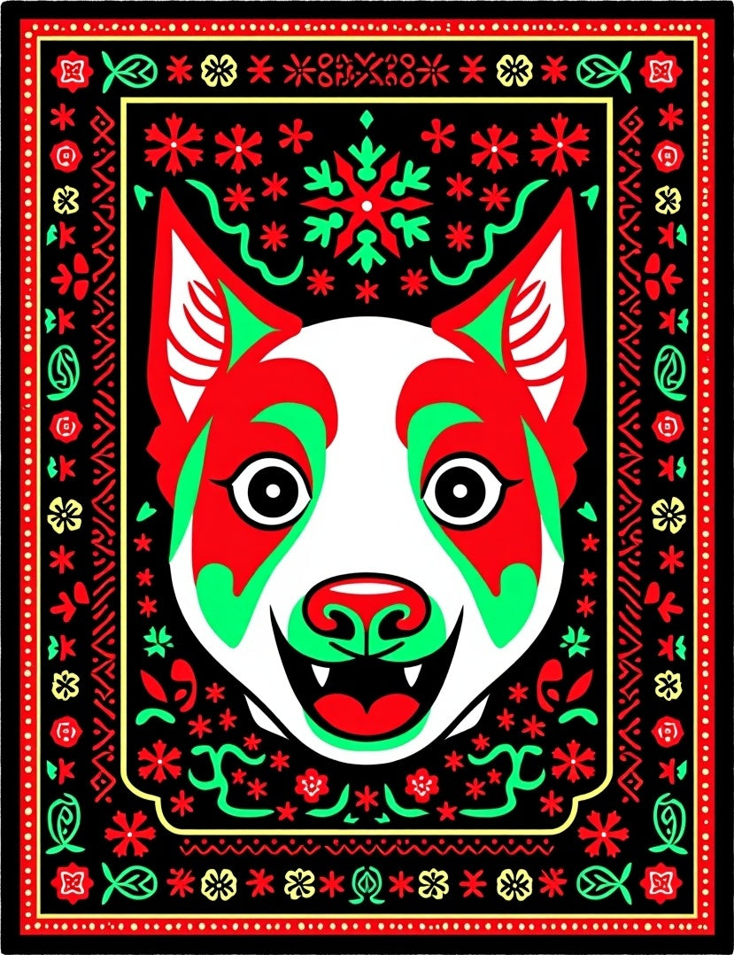 Vibrant Red Green Dog Folk Art Rug