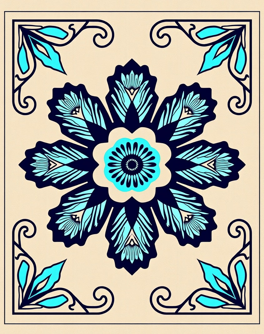 Navy Teal Floral Corner Medallion Rug