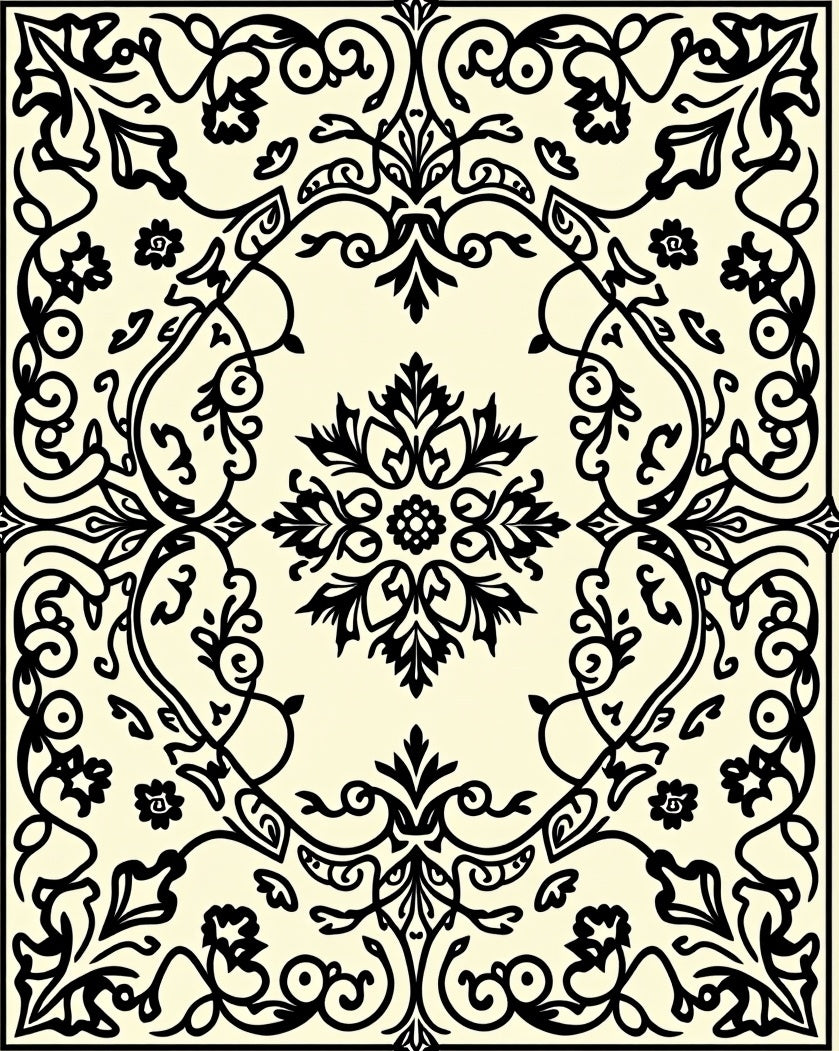 Elegant Black Floral Medallion Cream Background Rug