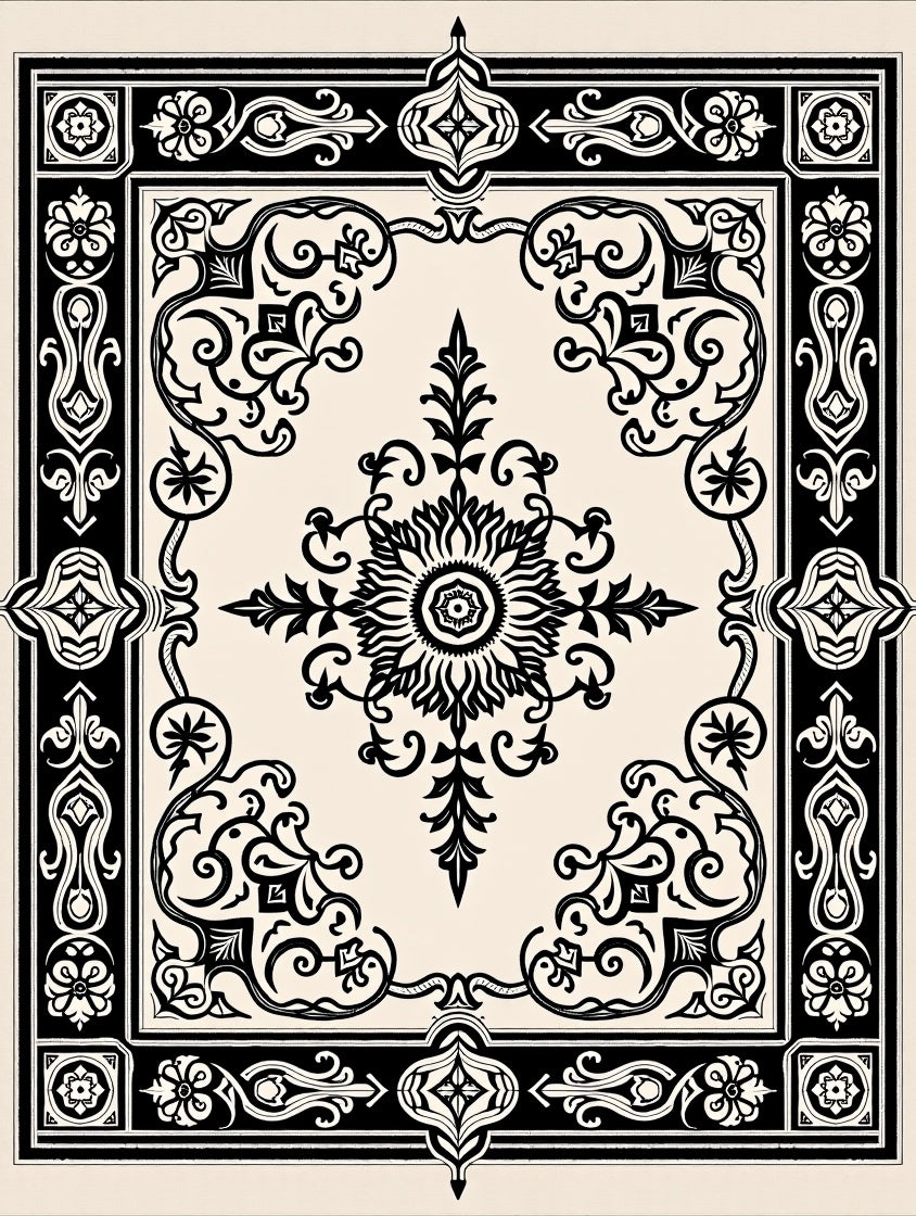 Vintage Black Floral Medallion Border Rug
