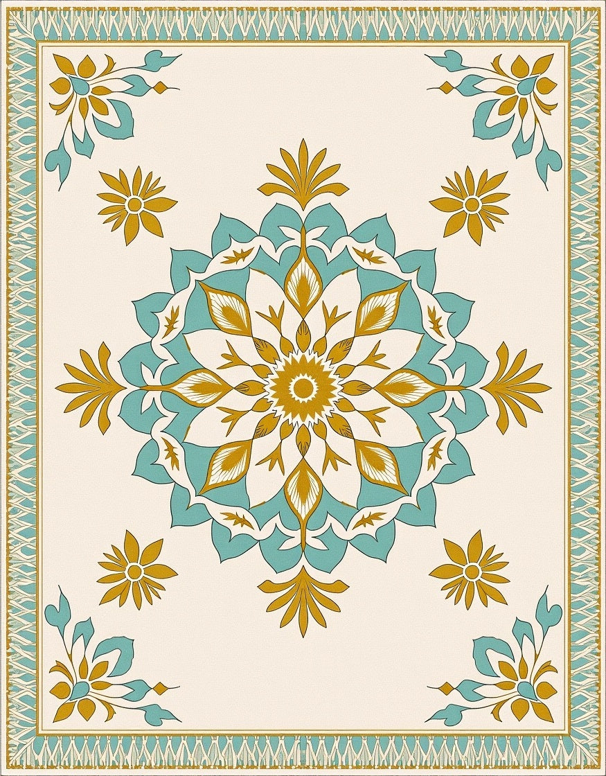 Golden Teal Floral Medallion Border Rug