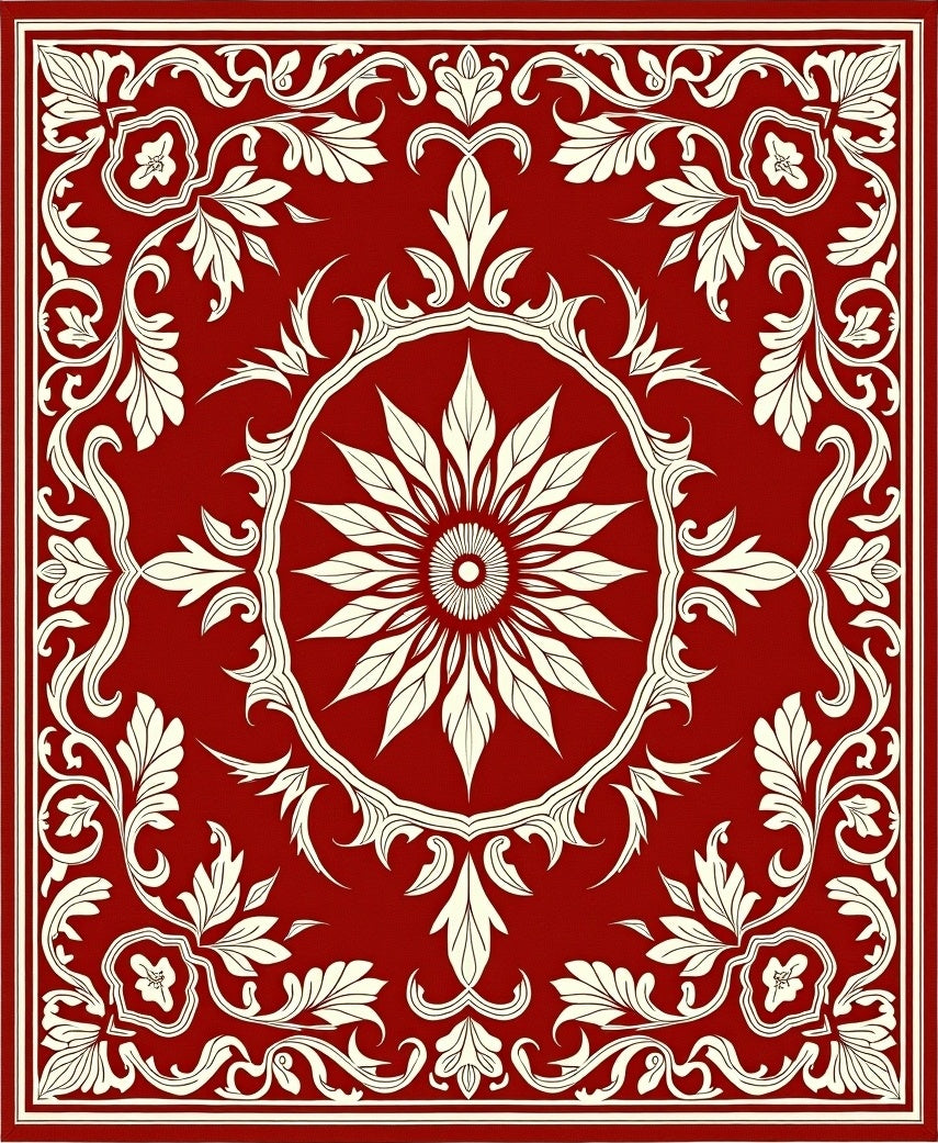 Ornate Crimson Sunburst Botanical Scroll Rug