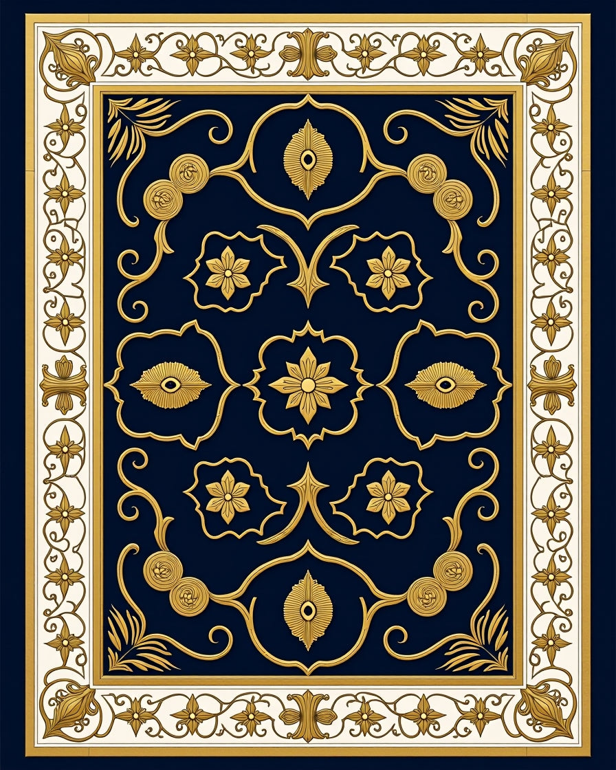 Ornate Navy Gold Floral Scroll Rug