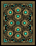 Gold Teal Floral Sunburst Mandala Rug
