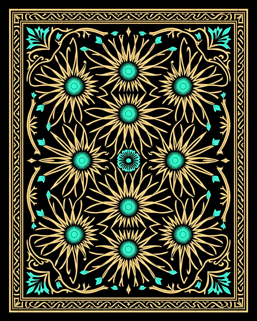 Gold Teal Floral Sunburst Mandala Rug