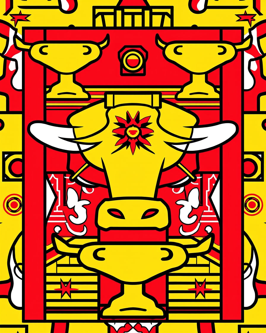 Yellow Bull Red Frame Graphic Rug