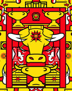 Yellow Bull Red Frame Graphic Rug